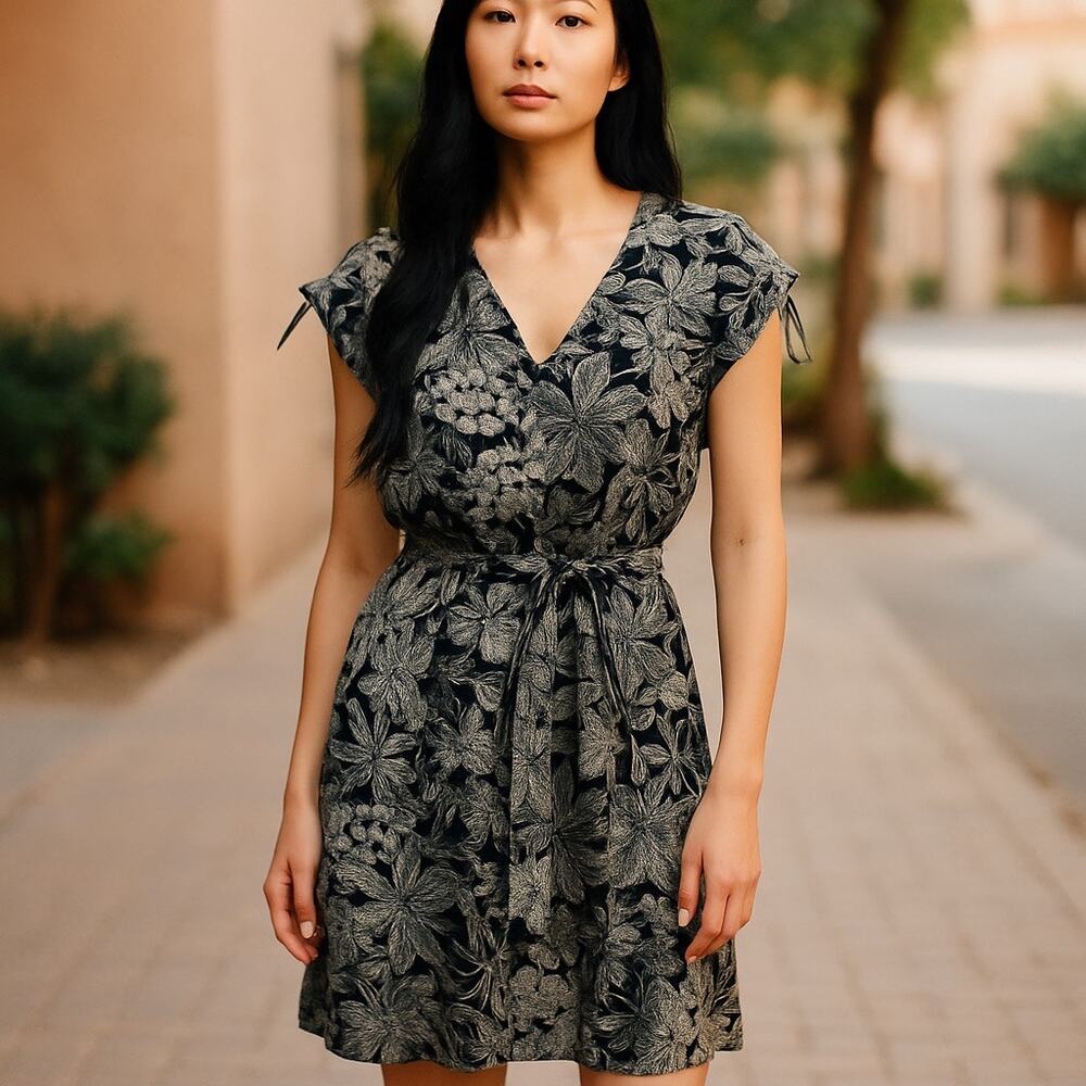 Banana Republic 100% Silk Lean Dress Women's Size 0 Blue Floral Print Tie Sleeve
